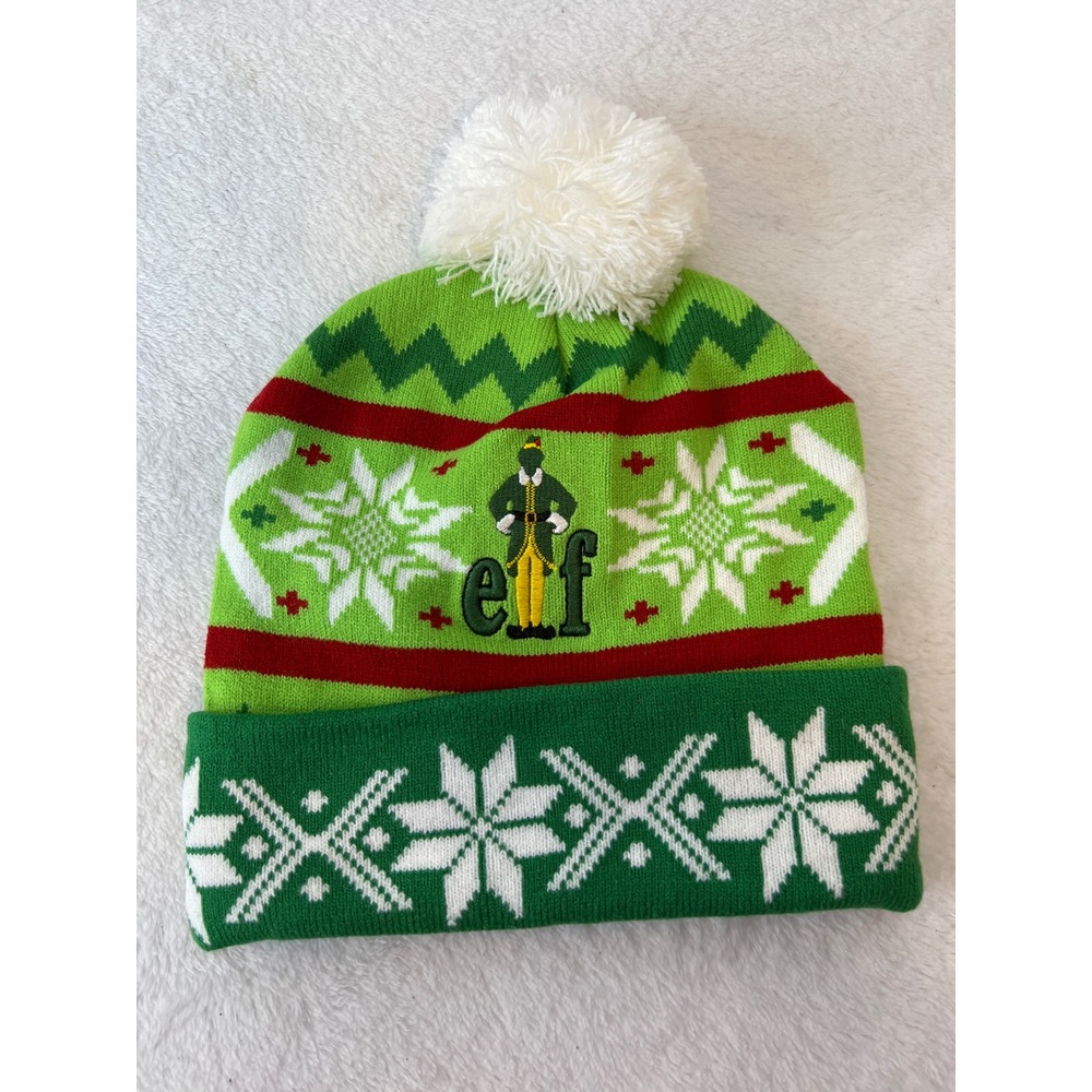Elf Movie Buddy The Elf Christmas Beanie Hat Green Snowflake Pom Pom Knit Cap